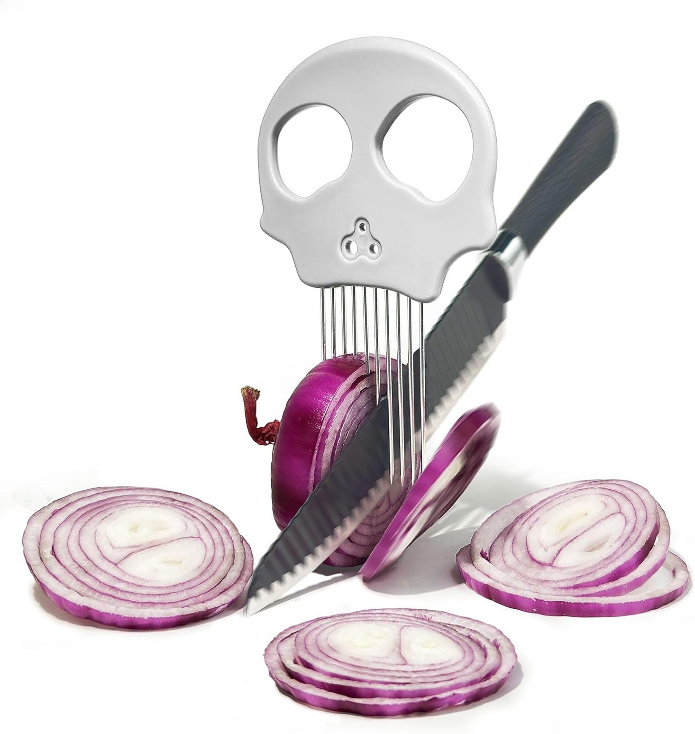 Stainless Steel Onion Cutter & Egg Slicer – Multi-Function Vegetable Cutter and Herb Stripper for Avocados, Tomatoes, and Potatoes (White)