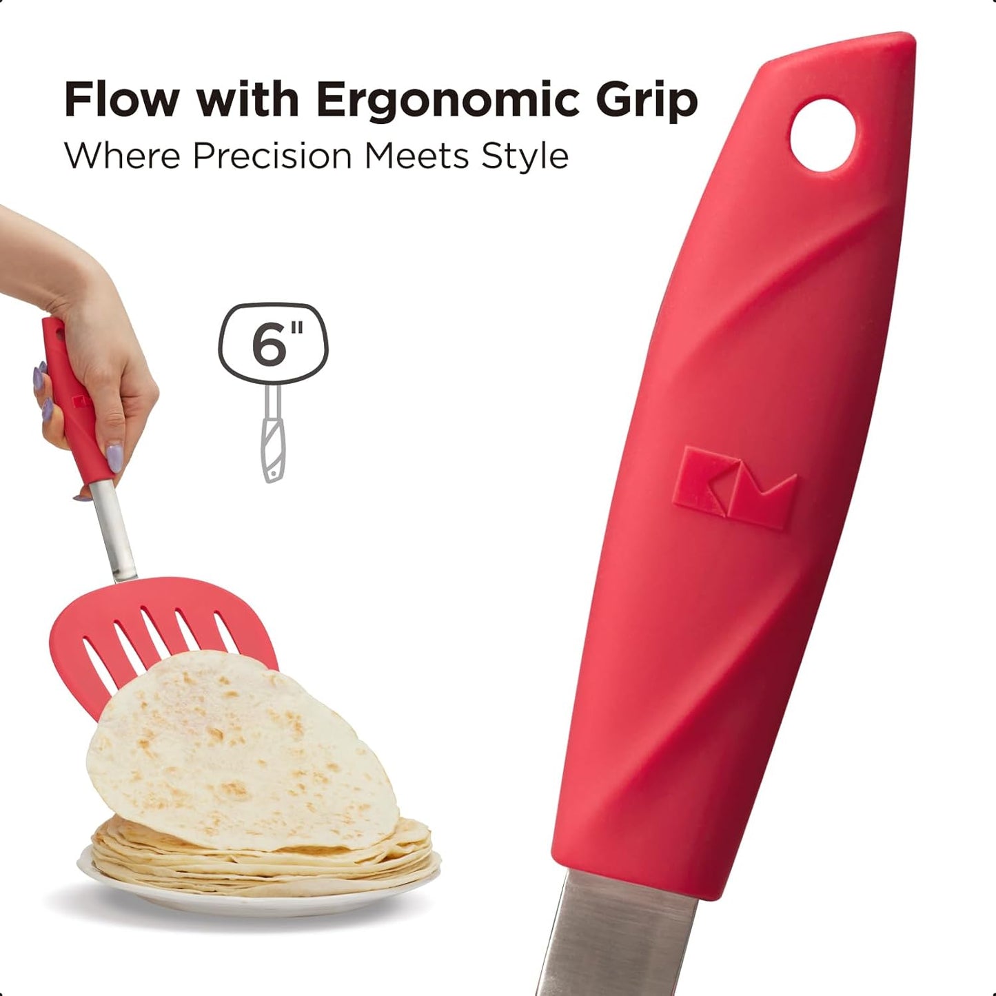 Kitchen Mama WaltzGrip Platinum Silicone Pancake Spatula Turner: Heat Resistant Flexible, Stainless Steel Core, Nonstick, Dishwasher Safe, Flipper – Ideal Kitchen Cookware for Eggs, Fish, Meat (Red)