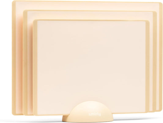 SMIRLY Plastic Cutting Board Set with Holder 3 Pieces, Non-Slip Dishwasher Safe Chopping Boards for Kitchen, Cream White