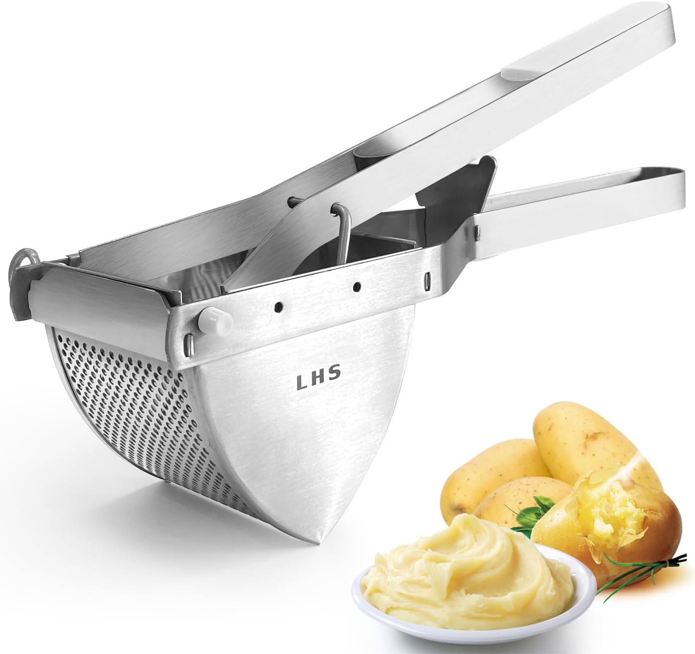 LHS Stainless Steel Potato Ricer and Masher, Heavy Duty Commercial Food Masher, Ergonomic Comfort Grip, Extra Large Capacity, Dishwasher Safe (White)