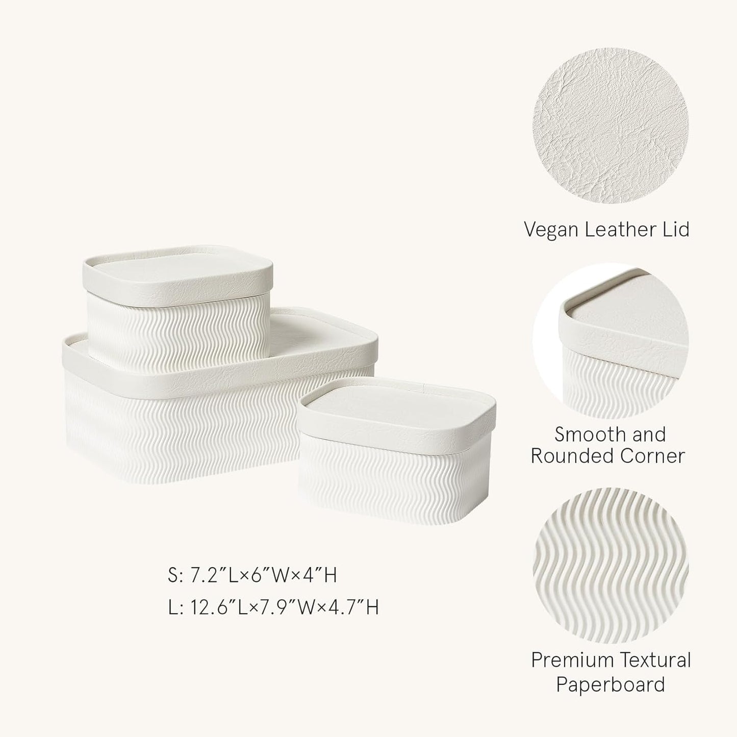 LA JOLIE MUSE Fluted Cardboard Storage Baskets with Leather-Like Lids, Paper Boxes Decorative Tray, Modern Basket Organizer Bins for Organizing,Eggshell White