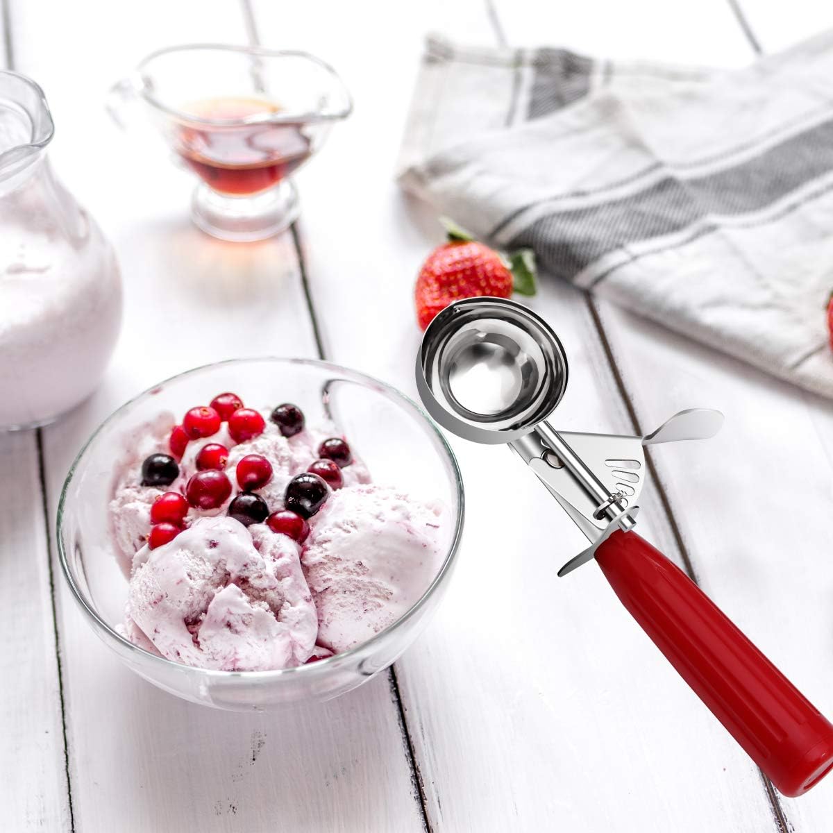Commercial-Grade Ice Cream Scooper 1.33 oz, 18/8 Stainless Steel Cookie Scoop with Plastic Handle, Portion Control Disher Scoop for Bakeries, Restaurants & Dessert Shops, #24, Red