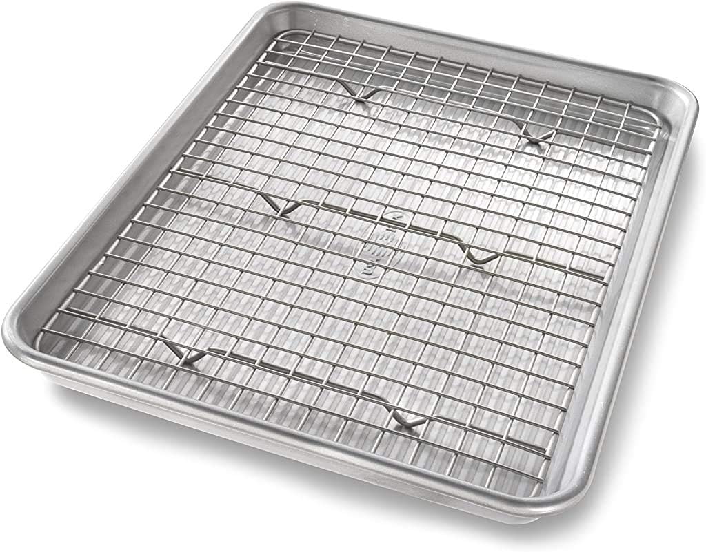 USA Pan Bakeware Quarter Sheet Baking Pan and Bakeable Nonstick Cooling Rack Set, Metal