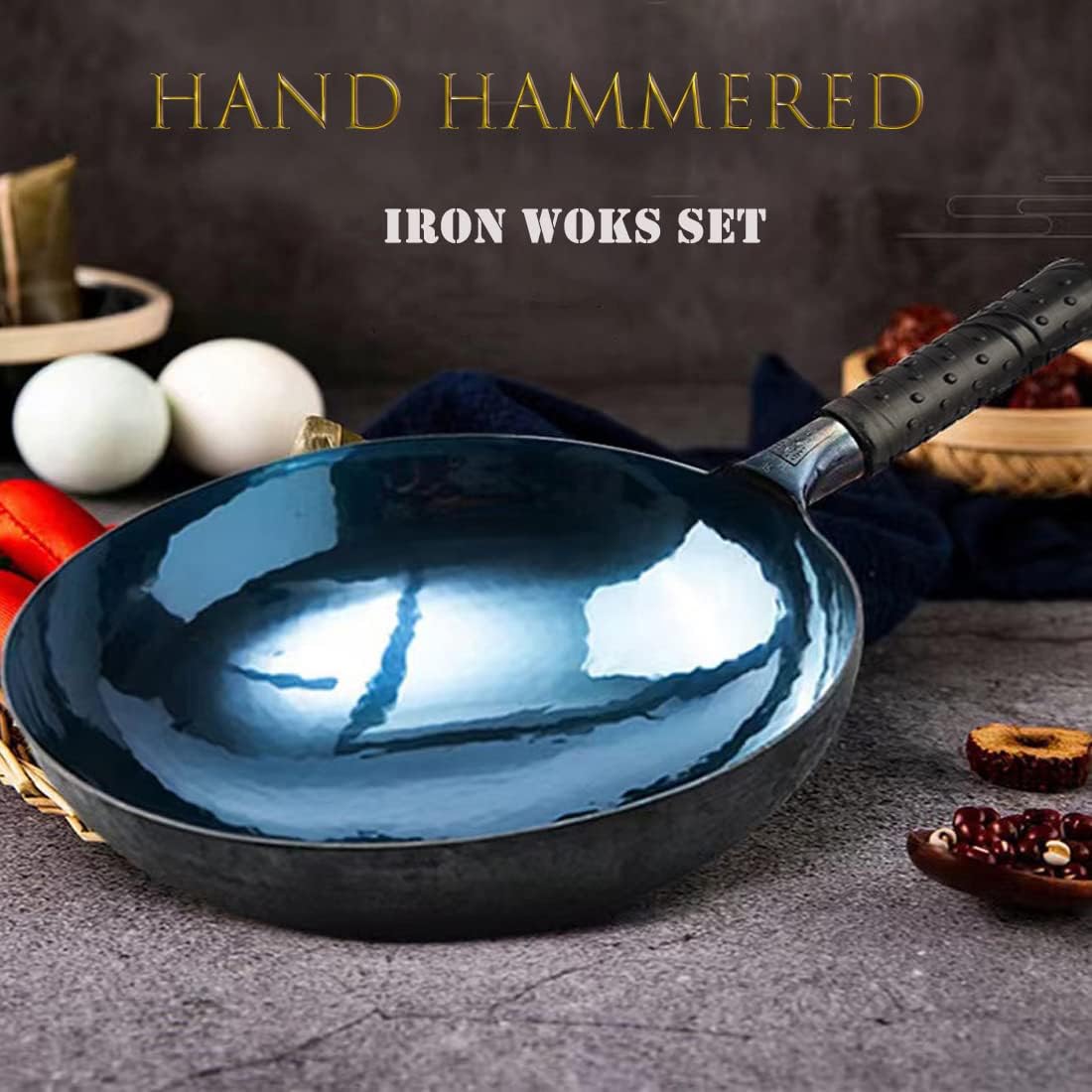 shuoguoleilei Chinese Hand Hammered Iron Woks Set, Non-Stick No Coating Preseasoned Wok Blue Round Bottom Wok Pan for Electric, Induction and Gas Stoves （Blue Black-12）