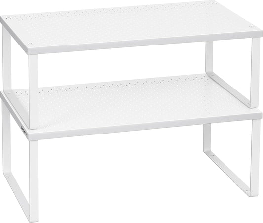 SONGMICS Spice Racks, Set of 2 Metal Cabinet Shelf Organizers, Countertop Organizers, Shelf Risers, Stackable, Expandable, White UKCS401W01