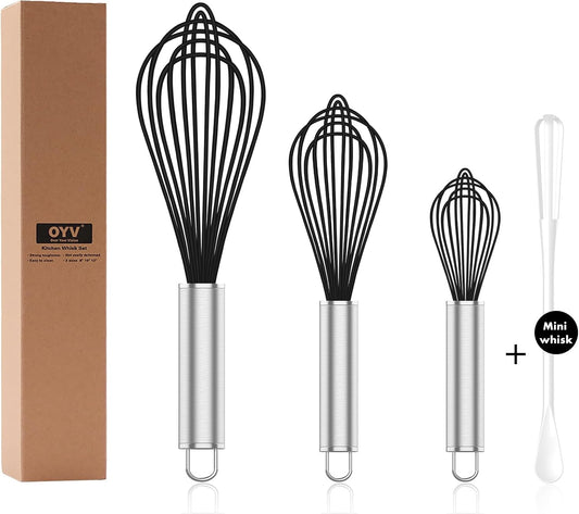 Silicone Whisk,3 pack Professional whisks for cooking non scratch,Stainless Steel & Silicone wisk,plastic rubber whisk for nonstick cookware,small silicone whisk set,black
