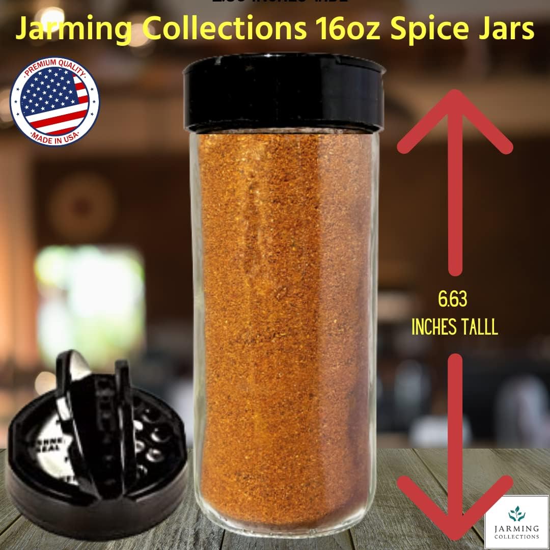 JARMING COLLECTIONS 16oz Glass Spice Shakers with Lids – Set of 2 Large Seasoning Containers with Shaker Tops for Kitchen, Pantry & Herb Storage