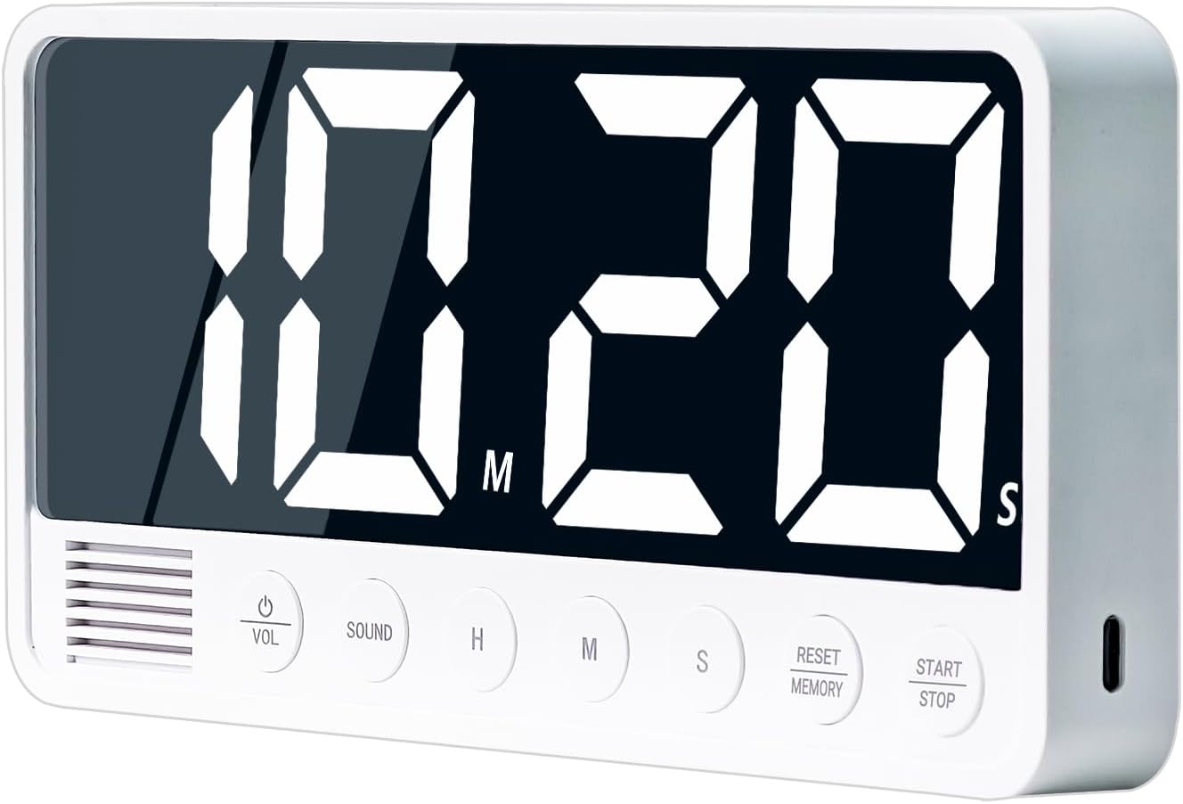 Digital Kitchen Timer with 7.1” Extra Large Display, Rechargeable Magnetic LED Countdown/Up Memory Timer with 6 Alarms & 4 Volume Levels for Cooking, Classroom, Office, Home Gym (White)