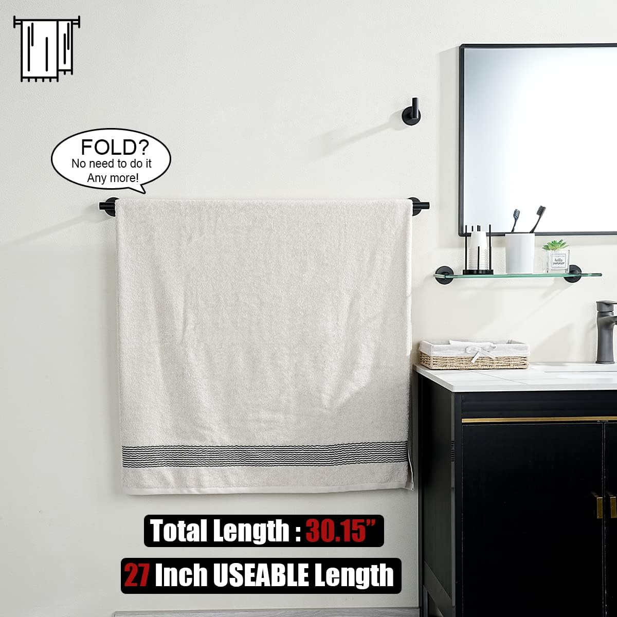 JQK Black Bath Towel Bar, 30 Inch 304 Stainless Steel Thicken 0.8mm Towel Rack Bathroom, Towel Holder Matte Black Wall Mount, Useable Length 27 Inch, TB110L27-PB