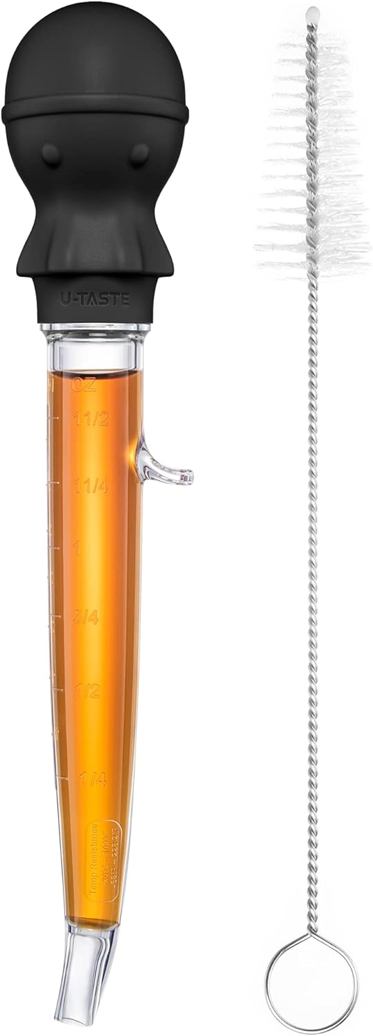 U-Taste 1.5oz Angled Turkey Baster - 228.2ºF Heat Resistant Food Grade Tritan and Silicone Large Octopus Bulb Baster Set with Cleaning Brush for Cooking Basting Meat Poultry Beef Chicken (Black)