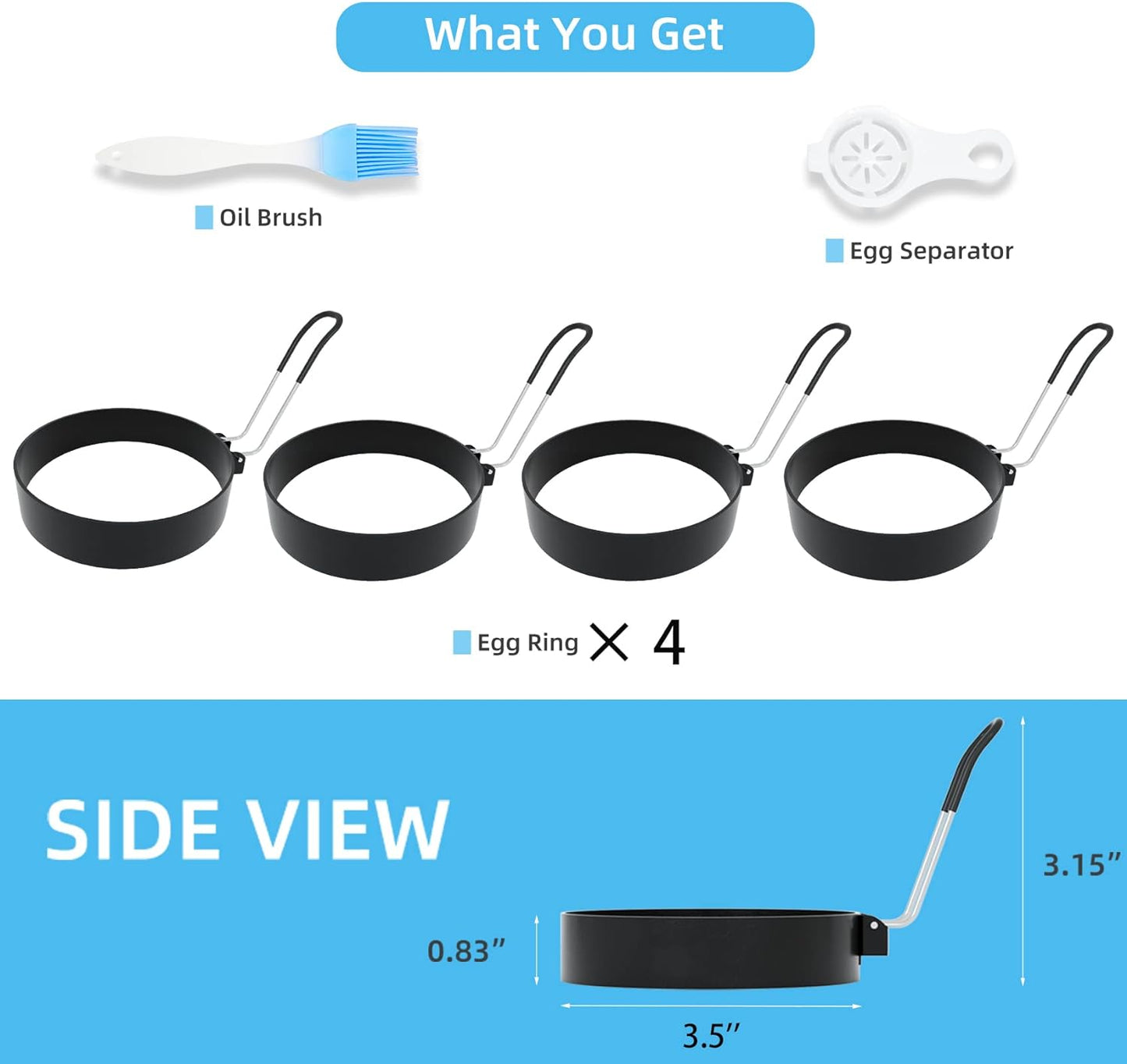 Stainless Steel Egg Rings for Frying Eggs（4 Pack） - 3.5" Round Non Stick Griddle Rings with Oil Brush, Egg Sandwich/Pancake/Cooking Molds, Breakfast Maker Accessories & Egg Separator