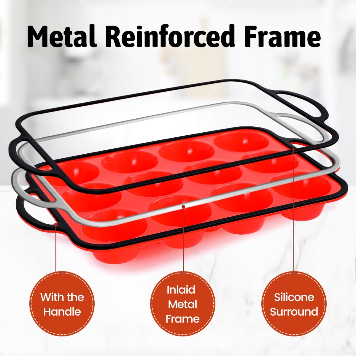 FUNBAKY Silicone Muffin Pan for Baking, Metal Reinforced Frame Muffin Pan Nonstick 12 Cups for Oven Baking Easy to Handle BPA Free