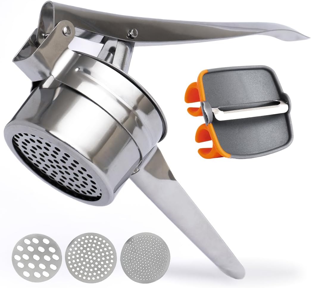 Potato Ricer with Stainless Steel Potato Peeler and 3 Interchangeable Discs | 15 oz Stainless Steel Potato Masher, Kitchen Gadget for Potatoes, Potato Ricer Kitchen Tool by Savver