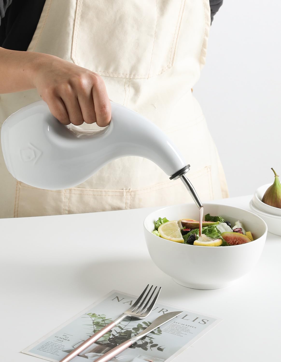 Sweejar Ceramic Olive Oil Dispenser Bottle,24 Oz Opaque Cruet Protects EVOO Oil to Reduce Oxidation, Suitable for Storage Vinegar, Coffee Syrups, Liquids (White)