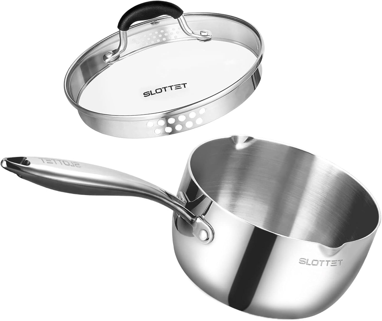 Tri-Ply Whole-Clad Stainless Steel Sauce Pan with Pour Spout,1.5 Quart Small Multipurpose Pasta Pot with Strainer Glass Lid, Saucepan for Cooking with Stay-cool Handle.
