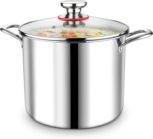 P&P CHEF 10 Quart Tri-Ply Stainless Steel Stockpot, Stock Pot with Visible Lid for Soup Pasta Vegetable, Induction Cooking Pot for All Stoves, Sturdy & Double Handle, Dishwasher Safe