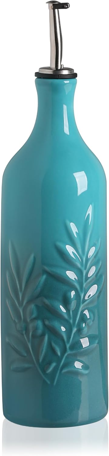Sweejar Large Ceramic Olive Oil Dispenser Bottle, 24 Oz Relief Opaque Oil Cruet Protects Liquids, Set of 1 (Gradient Blue)