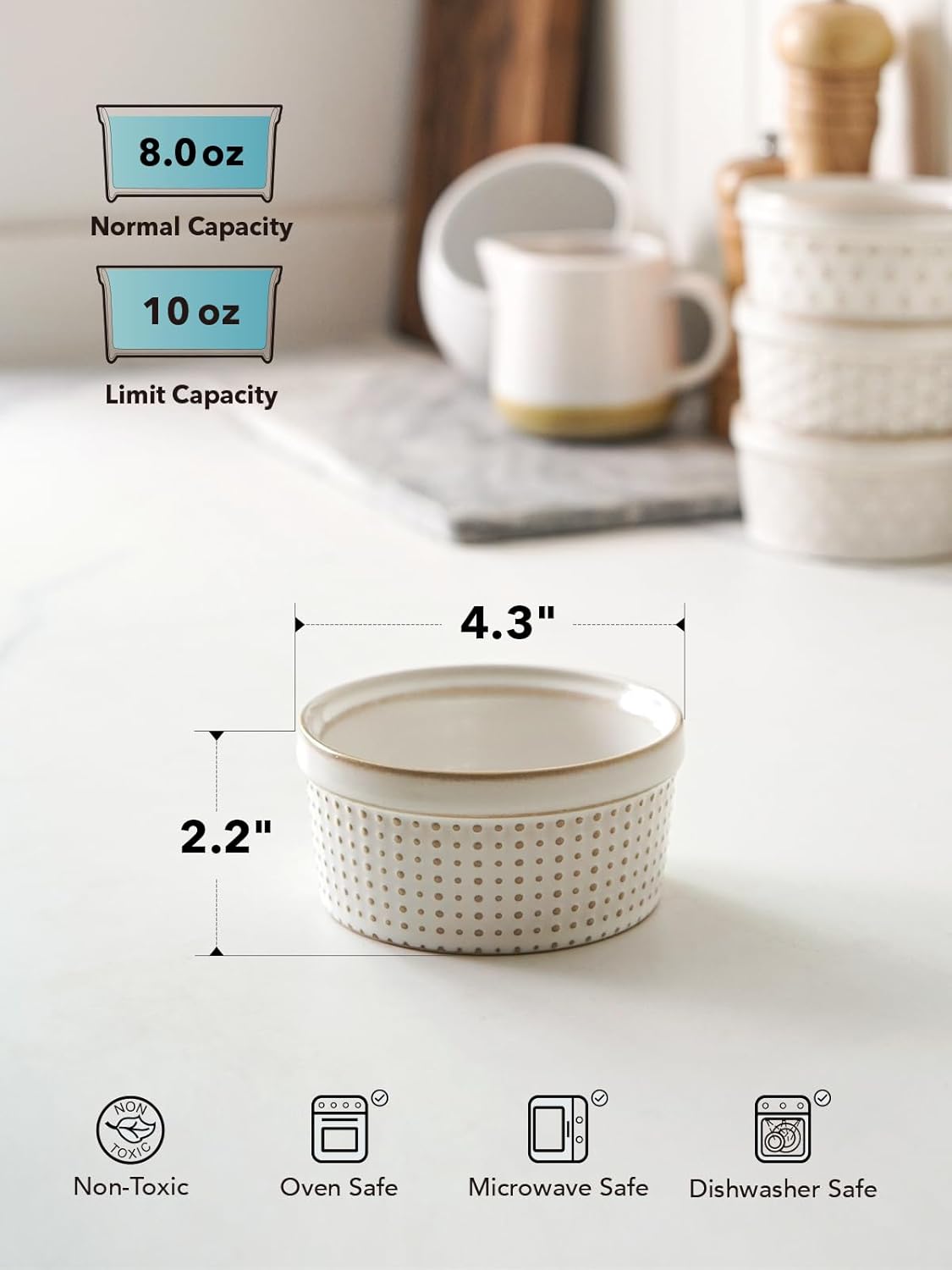 LE TAUCI Ramekins 8 oz, Ramiken for Creme Brulee, Lava Cake, Pudding, Souffle, Pot Pie, Ceramic Baking Dishes, Oven Safe - 4.3 inch, Set of 4, Arctic White