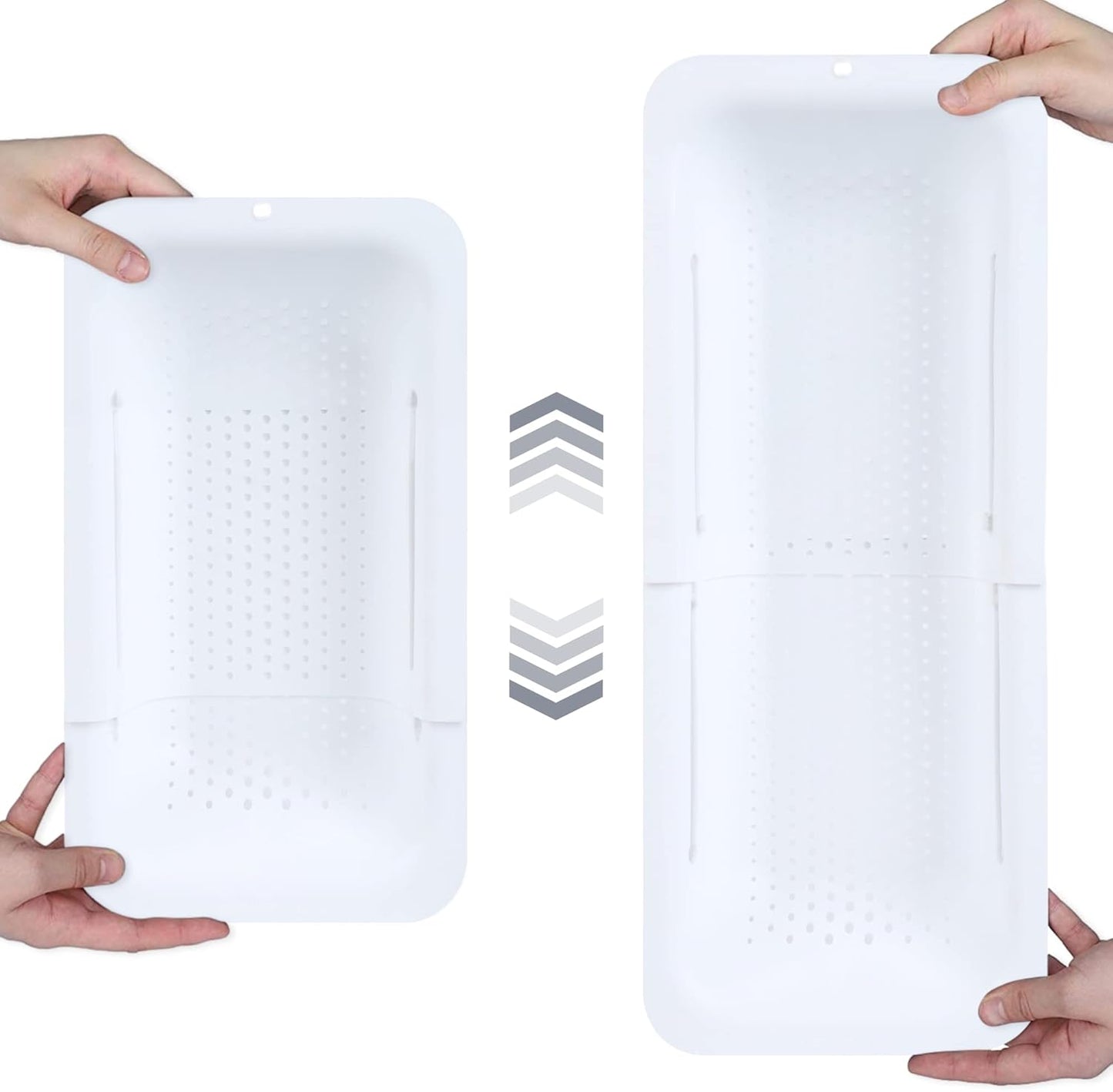 BLUE GINKGO Over the Sink Colander Strainer Basket - Wash Vegetables and Fruits, Drain Cooked Pasta and Dry Dishes - Extendable - New Home Kitchen Essentials (7.9 W x 14.5-19.5 L x 2.75 H) - White