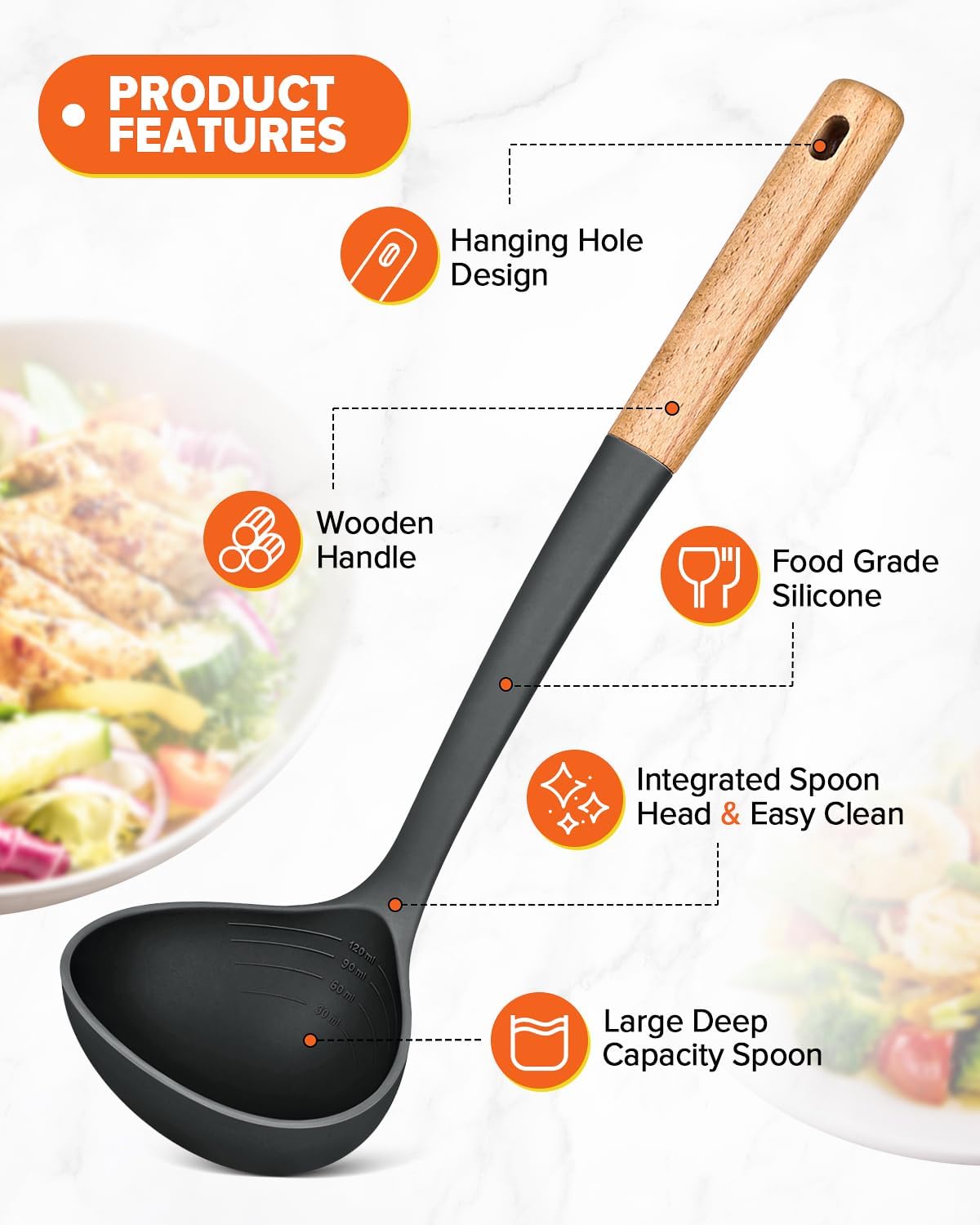 Pasta Fork and Ladle Set, Perfect for Serving Hot Soup, Stirring, and Sauce Pasta, BPA-Free Matte Silicone, Wood Handle Spaghetti Spoon for Nonstick Cooking Surfaces (Grey)