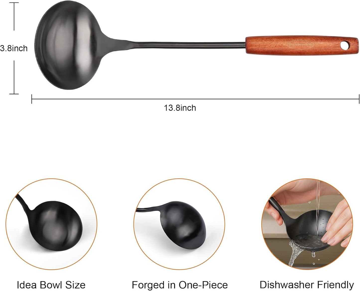 FJNATINH Soup Ladle, Food Grade 304 Stainless Steel Ladle, Large Metal Ladel Kitchen Cooking Soup Spoon Tools with Heat Resistant Wooden Handle, Integral Forming 13.8 Inches