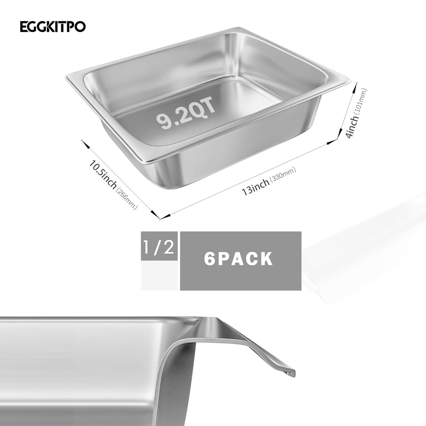 1/2 Hotel Pans Half Size 6-Pack 4 Inch Deep Silver Stainless Steel Steam Table Pan Tray for Food, Catering Pan for Cafeterias, Hotel and Restaurant