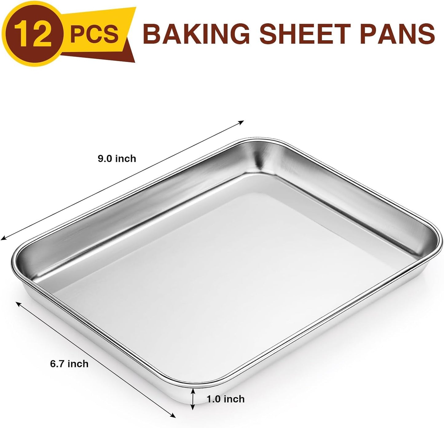 Wildone Sheet Pan Set Baking Sheet Cookie Sheet Baking Pan Toaster Oven Pans, 12 PCS Stainless Steel Baking Tray Cookie Pan, Heavy Duty & Dishwasher Safe, 9 x 6.7 x 1 Inches