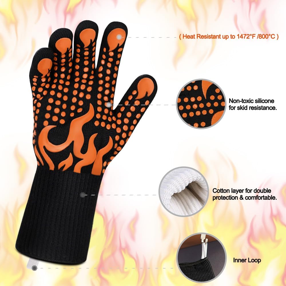 Comsmart BBQ Gloves, 1472°F Heat Resistant Grilling Gloves Silicone Non-Slip Oven Gloves Long Kitchen Gloves for Barbecue, Cooking, Baking, Short, Orange
