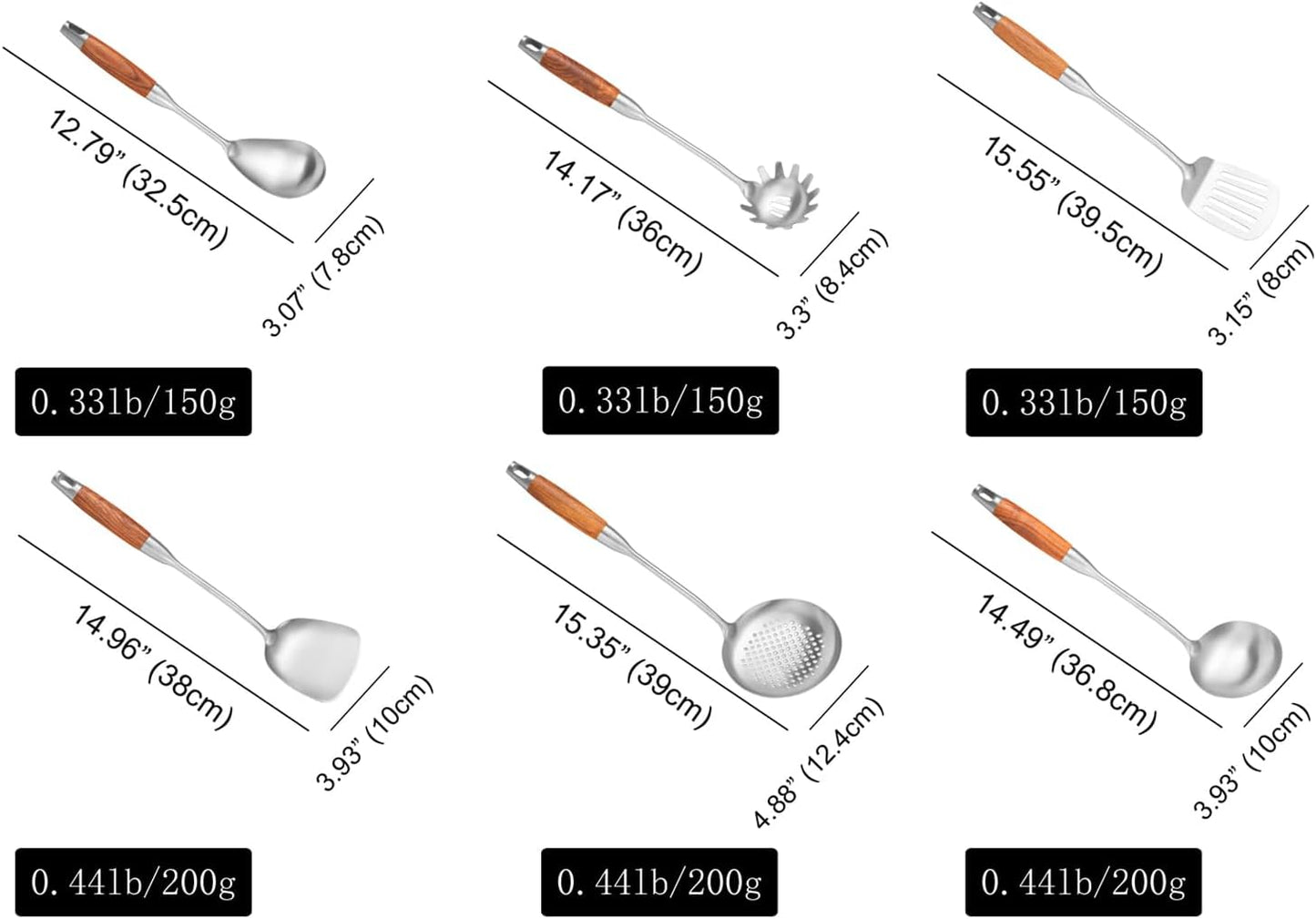 18/10 Stainless Steel Kitchen Utensils Set with Wooden Handle, 6 PCS Professional Cooking Utensils Set 15”, Wok Spatula, Ladle, Skimmer, Slotted Spatula Turner, Spaghetti Spoon, Large Spoon