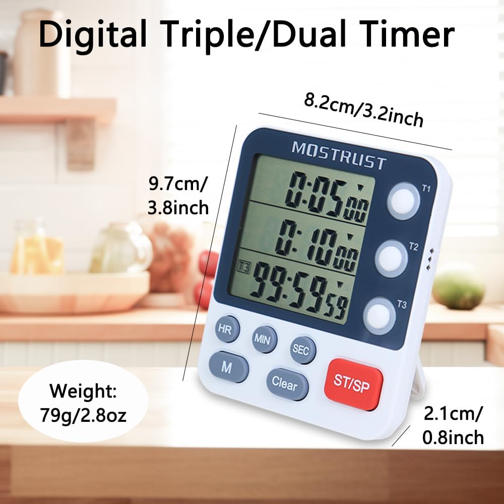 Digital Dual Kitchen Timer, 3 Channels Count Down/Up Triple Timer for Cooking, Magnetic Memory-Preset Large Display Adjustable Alarm Volume, Multi Times Management, 3A Battery Included, White