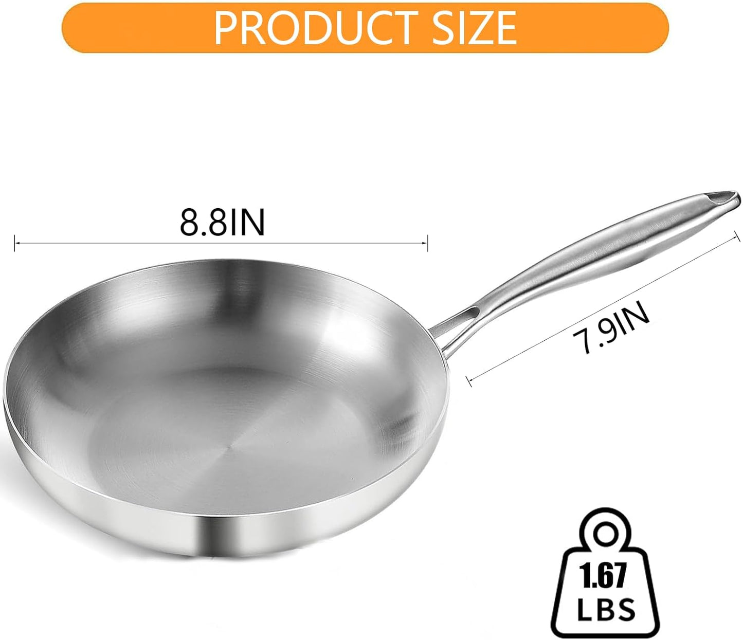 DELARLO Whole body Tri-Ply Stainless Steel 8inch Small Frying Pan, Chef's Pans Oven safe induction kitchen skillet,Suitable for All Stove (Detachable Handle)