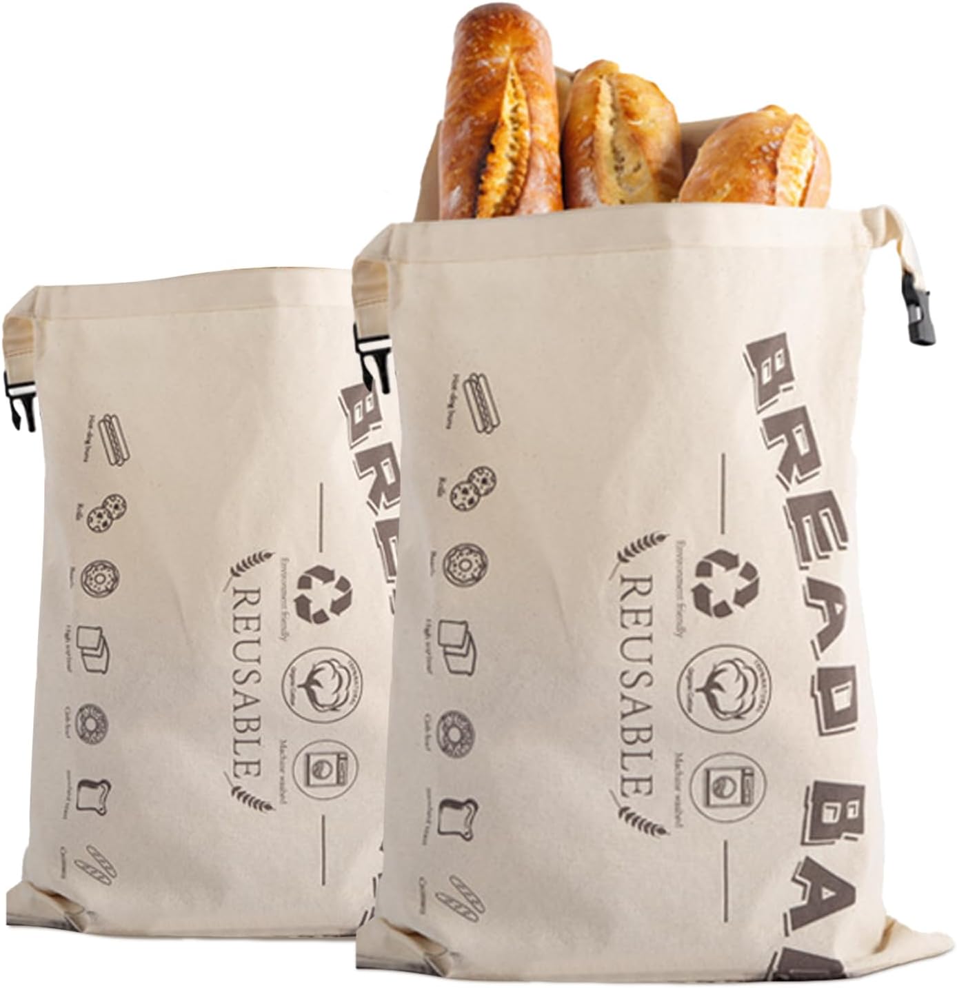 2-Pack Bread Bags, Reusable Bread Bags for Homemade Bread, Buckle Closure,Fresh Keeping Extra Large Bags, Food Bag (Beige)