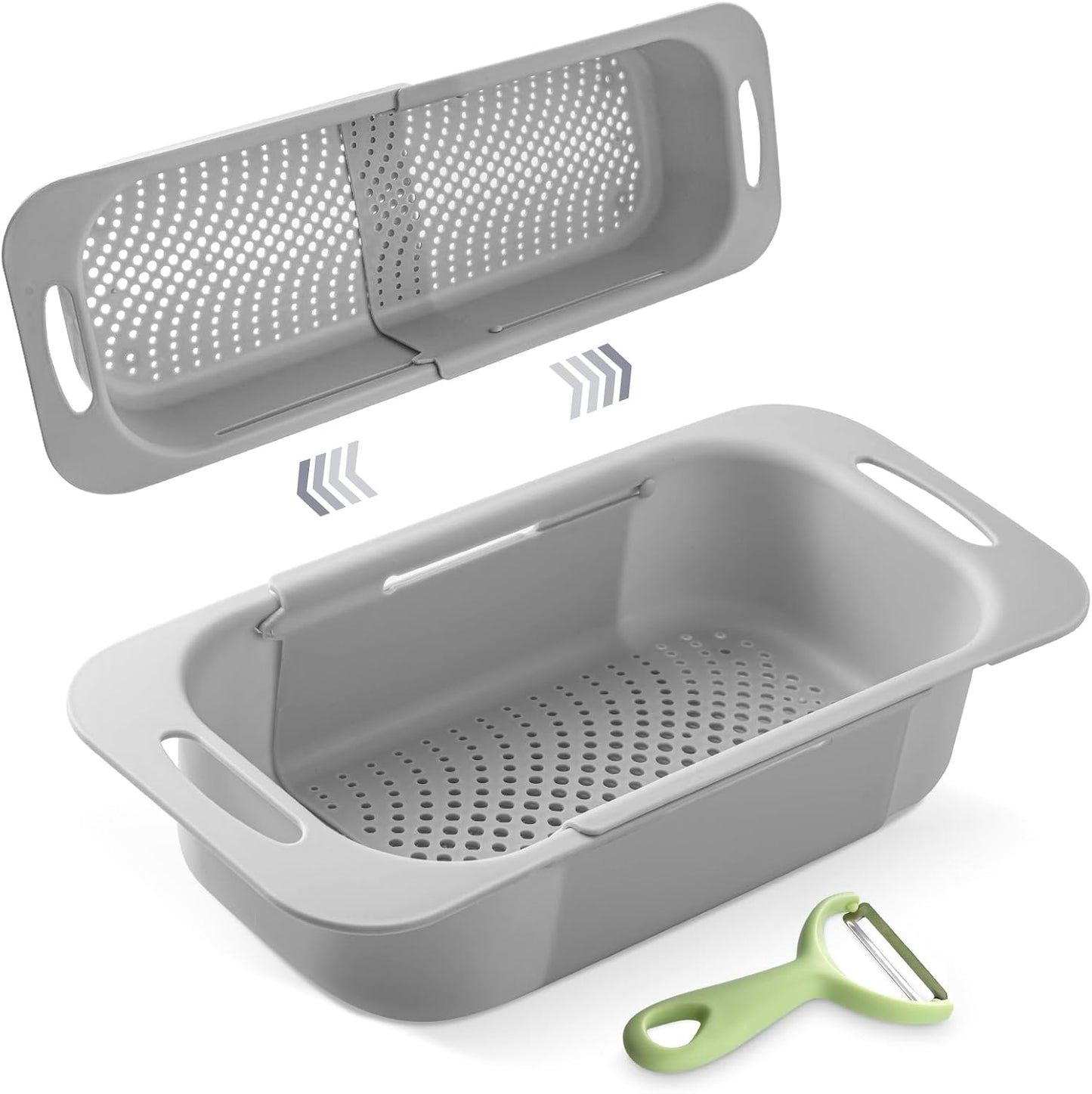 Extended Long Over the Sink Colander, Wash Vegetables Fruits Collapsible Colander Strainer, 14.5"-19.3" Extendable Kitchen Sink Accessories for Dishes Drying, Vegetable Basket, with Peeler