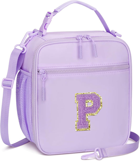 Initial Insulated Lunch Bag for Girls Kids, Back to School Gift, Reusable Leak-proof Lunch Box with Adjustable Strap for School Daycare Travel Picnic (Purple,P)