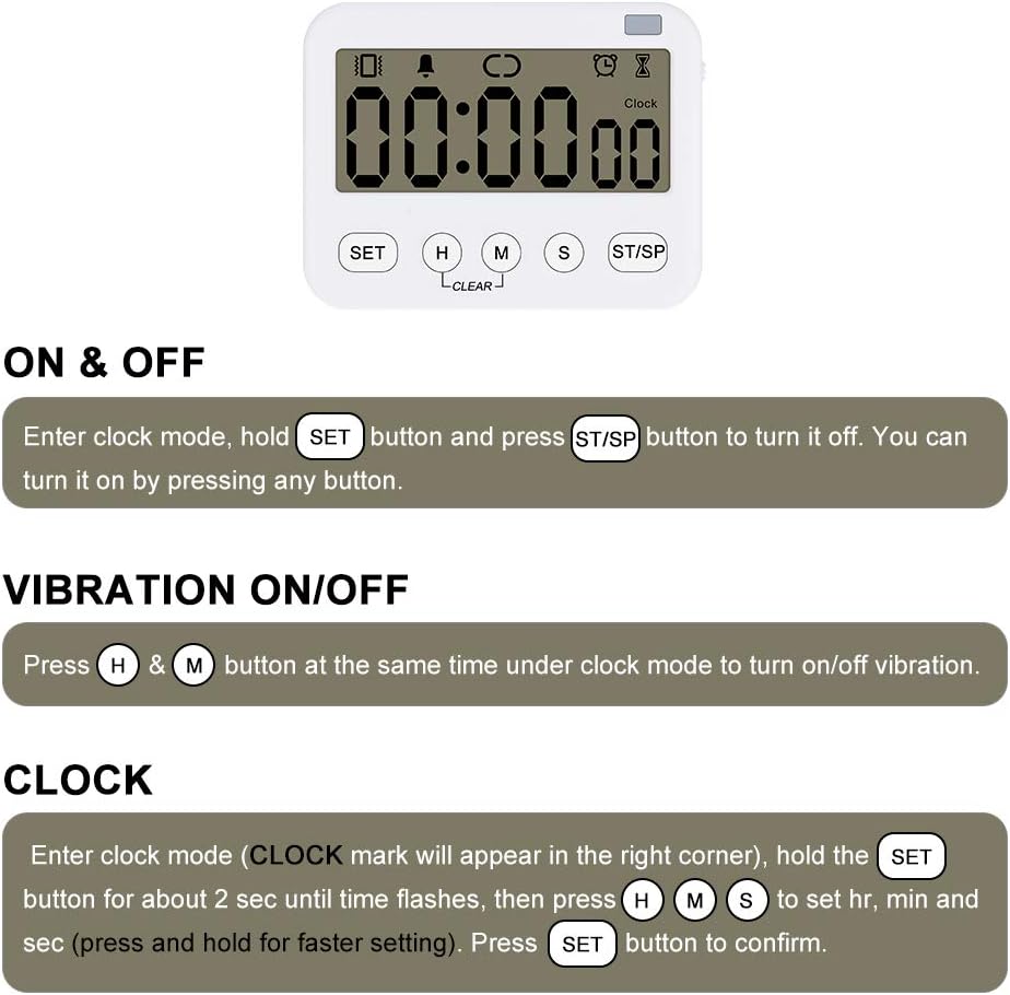 Stonylab 2pk Digital Timer Clock, 2 Pack Premium Multi-Function Digital Clock Countdown Timer Kitchen Event Timer with Alarm, Magnetic Back Big Digits Display Vibration/Flashlight/Sound Alarm