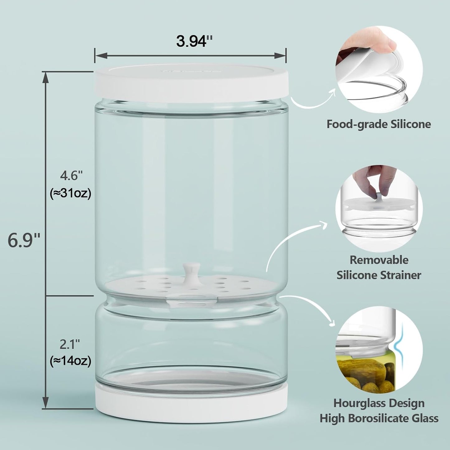Glass Pickle Jar with Strainer for Pickle Lover - 45 Oz Leakproof and Airtight Juice Separator for Olive, Gherkin, Chilli, BPA Free, Dishwasher and Refrigerator Safe (White&Green, 45oz*2pcs)