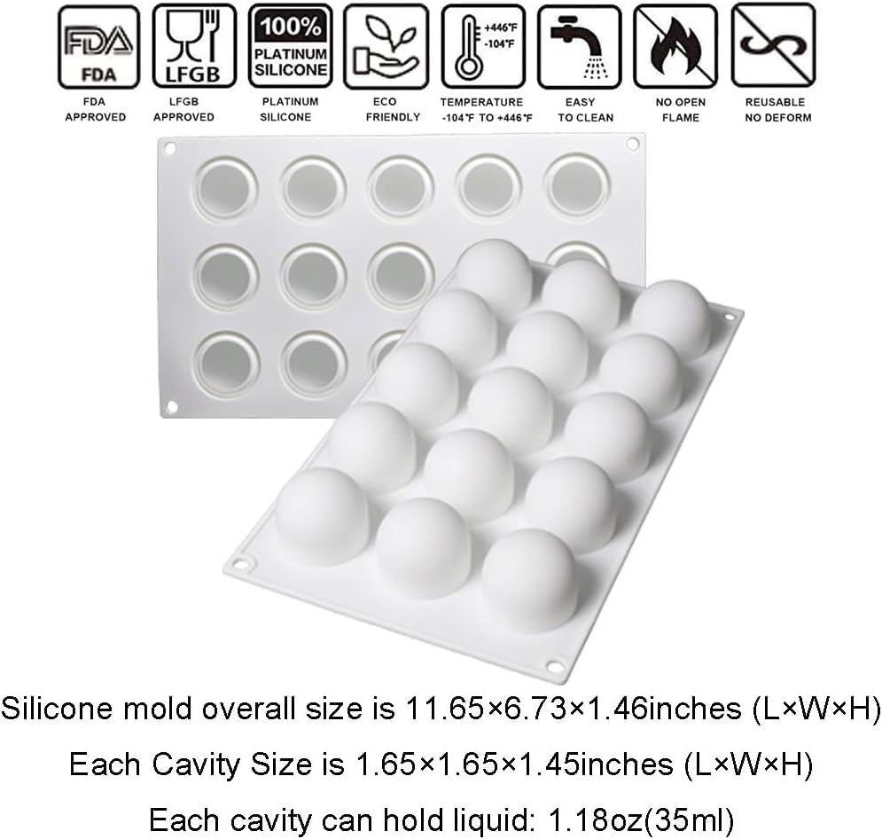 OCPO Kitchen Truffle Silicone Mold for Baking Mousse Cake French Dessert Pastry Chocolate Pudding Cupcake, Non-Stick & Easy Release, Truffle Ball Shape (15-Cavity)