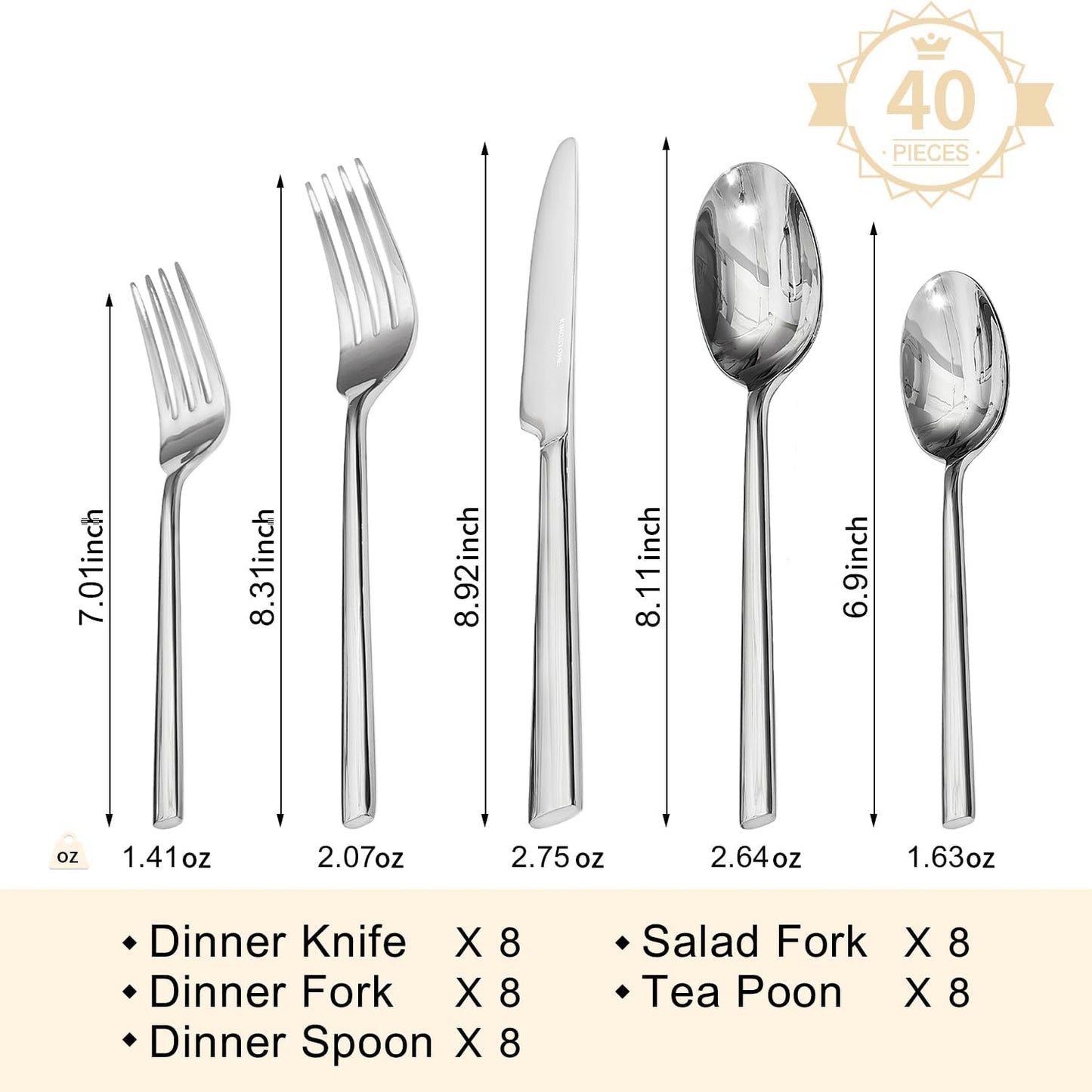KINGSTONE Silverware Set, 40-Piece Forged Flatware Set Cutlery Set Premium Stainless Steel, Service for 8, for Kitchen, Home, Wedding, Party, Mirror Polished and Dishwasher Safe