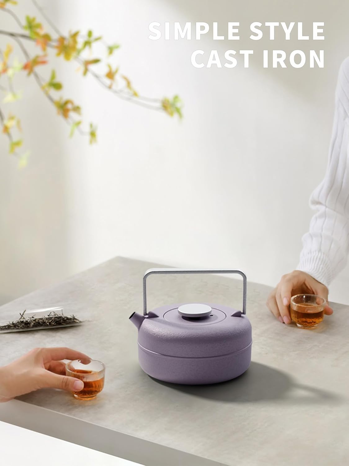 Toptier Teapot with Removable Infuser, Cast Iron Tea Kettle Stovetop Safe, Solid Geometry Cylinder Design Tea Pot Coated with Enameled Interior for 27 Ounce (800 ml), Purple