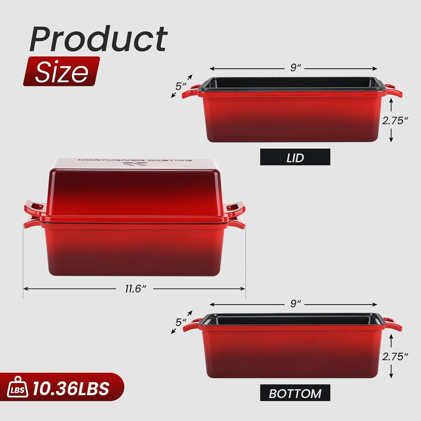 9x5 Inch Enameled Cast Iron Loaf Pan with Lid, Perfect Bread Baking Pan | Even Heat Distribution for Homemade Bread, Cake, Meatloaf，2 Piece set，Red