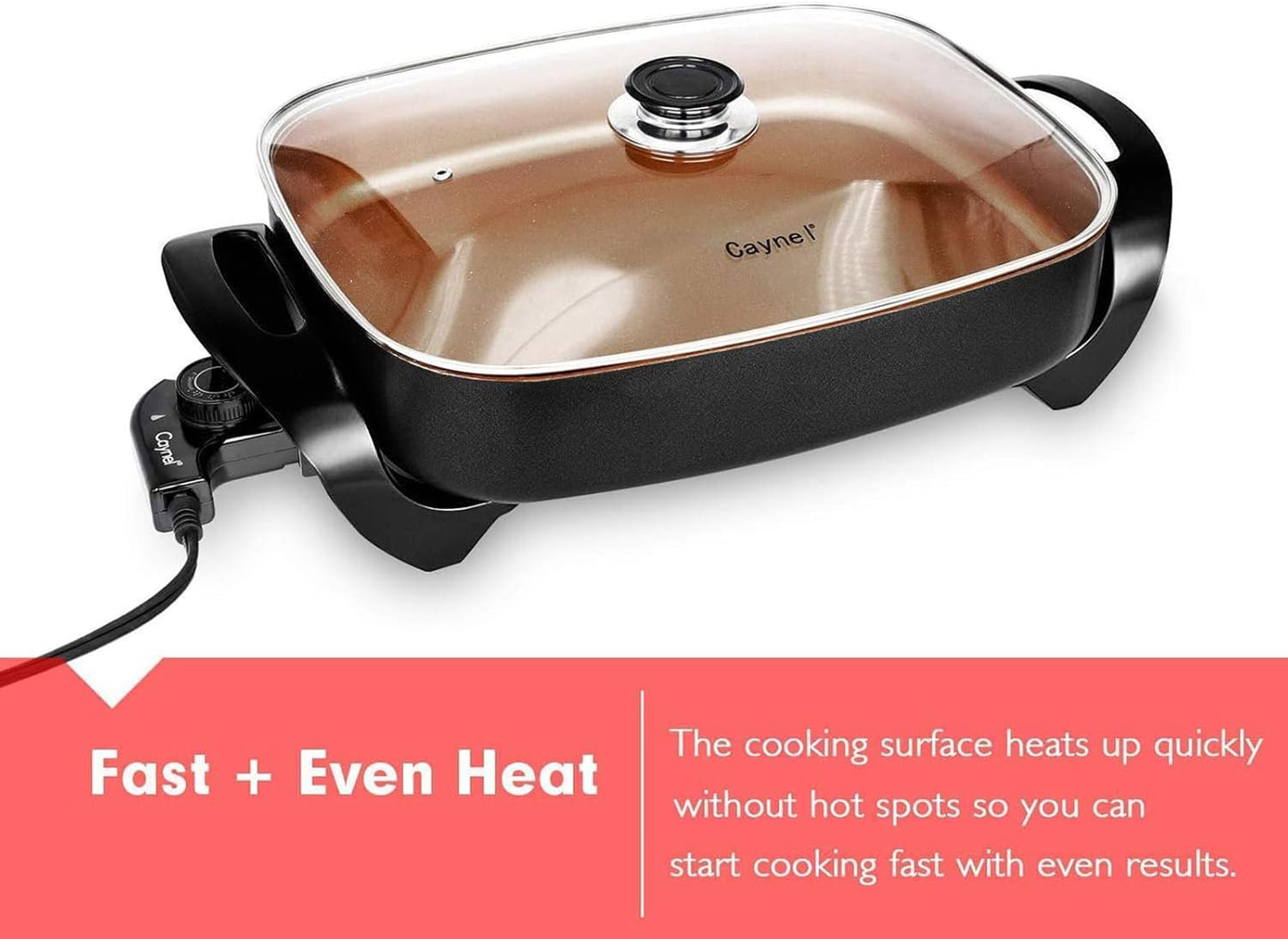 Caynel Professional Non-stick Copper Electric Skillet Jumbo, Deep Dish with Tempered Glass Vented Lid, Upgrade Thermostat, 16”x 12”x 3.15”- 8 quart