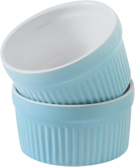 Hasense Ramekins Oven Safe, 8 oz Creme Brulee Ramekins Set of 2, Microwave & Dishwasher Safe Souffle Baking Cups for Pudding, Ice Cream, Custard, Dessert Bowls Porcelain, Sky Blue