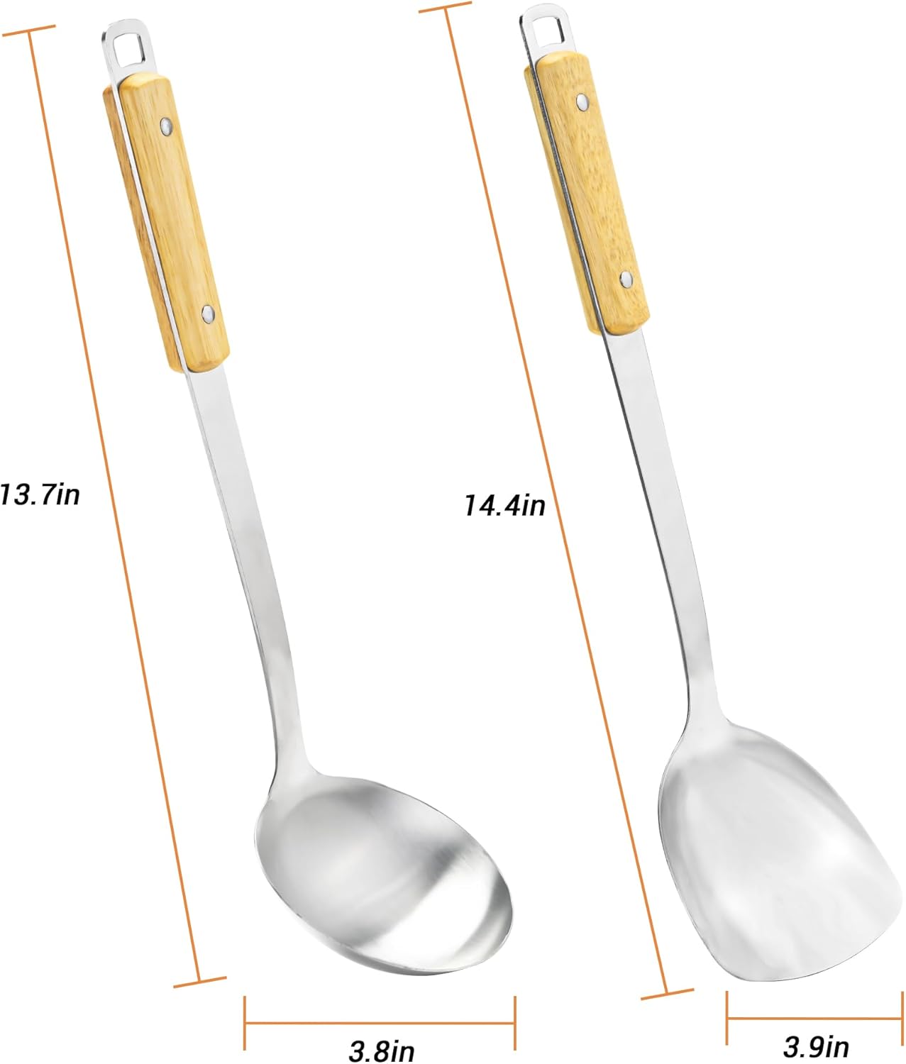 FJNATINH Spatula and Ladle - Set of 2 Wok Tools - Universal Wok Ladle and Spatula - Stainless Steel Cooking Utensils and Wok Accessories,14"-15"