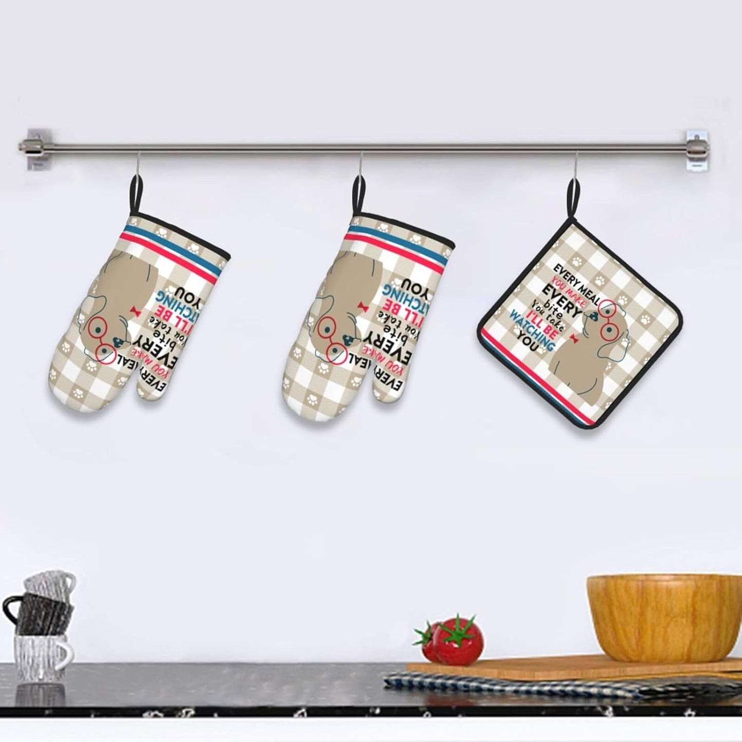 Funny Dog Oven Mitts and Pot Holders Sets of 3 Heat Resistant Hot Pads Cute Oven Gloves for Cooking Grilling Baking Kitchen Decor, Kitchen Gifts for Cooks Baker Cooking Lover Women