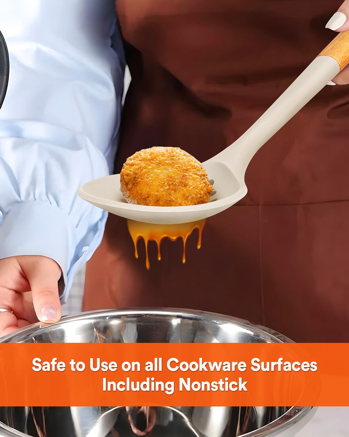 Kitchen Ladle Strainer, Large Slotted Spoon with High Heat Resistant BPA Free, Non Stick Cooking Skimmers For Draining & Frying, 13.2inch (Khaki & Blue)