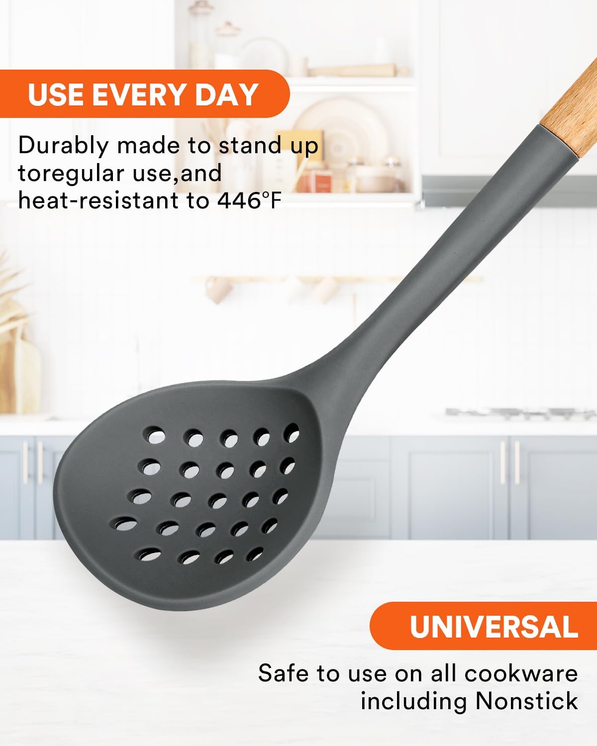 Kitchen Ladle Strainer, Large Slotted Spoon with High Heat Resistant BPA Free, Non Stick Cooking Skimmers For Draining & Frying, 13.2inch (Grey)