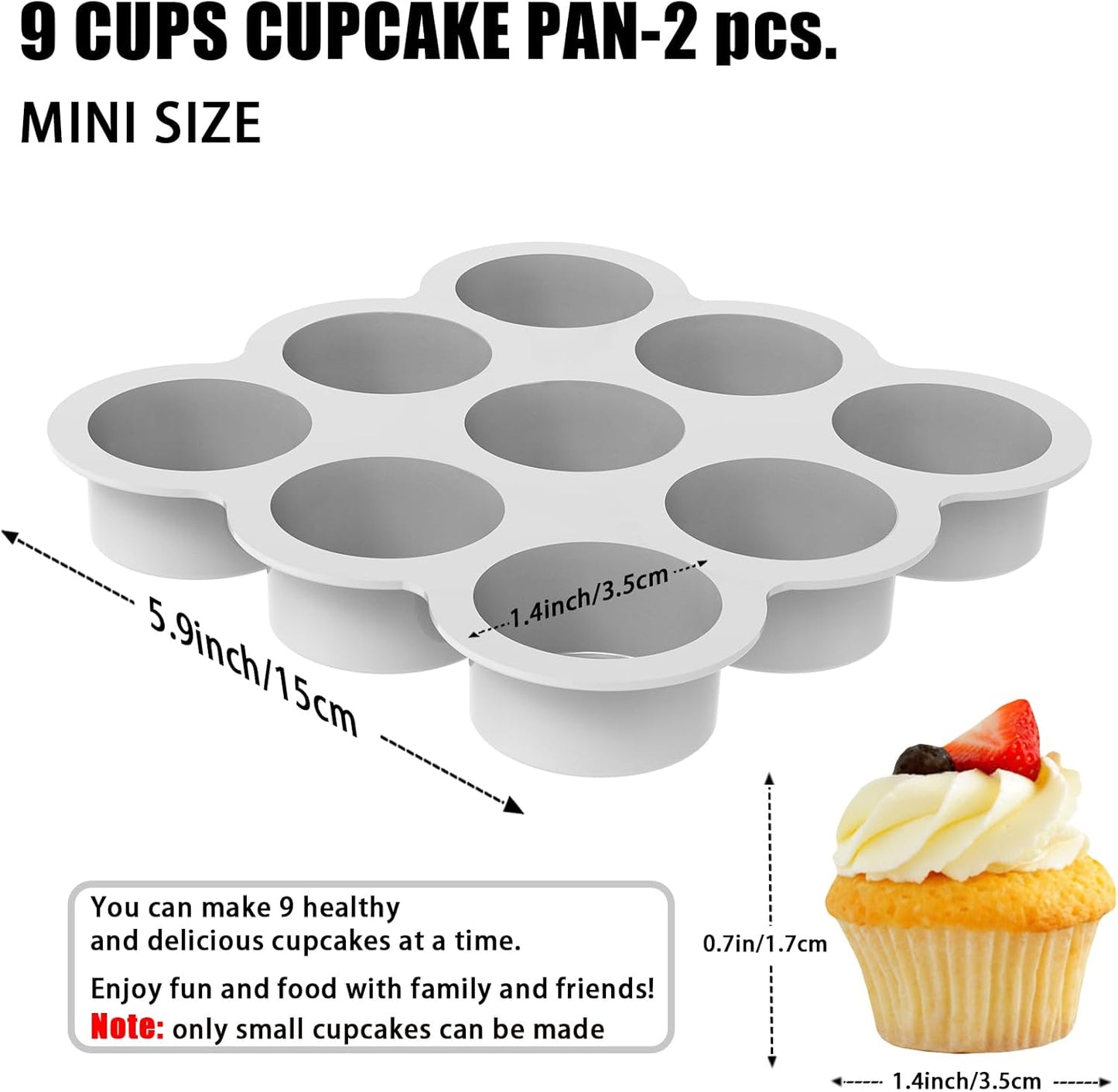 Uudimee Silicone Muffin Pan -9cups Mini Muffin Pan Non-Stick Silicone Mold, 2Pcs Silicone Mini Muffin Pan Is Perfect For Muffins, Cakes, Tarts, Breads, Dishwasher Safe-9Cups (Pink + Gray)