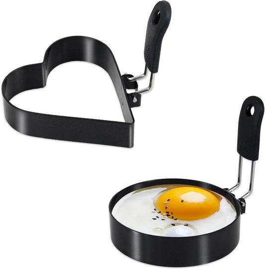 Round+Heart Egg Rings Set with Silicone Handle, Stainless Steel Egg Cooking Rings，Nonstick，For Frying Eggs and Egg Mcmuffins, Egg Mold For Breakfast