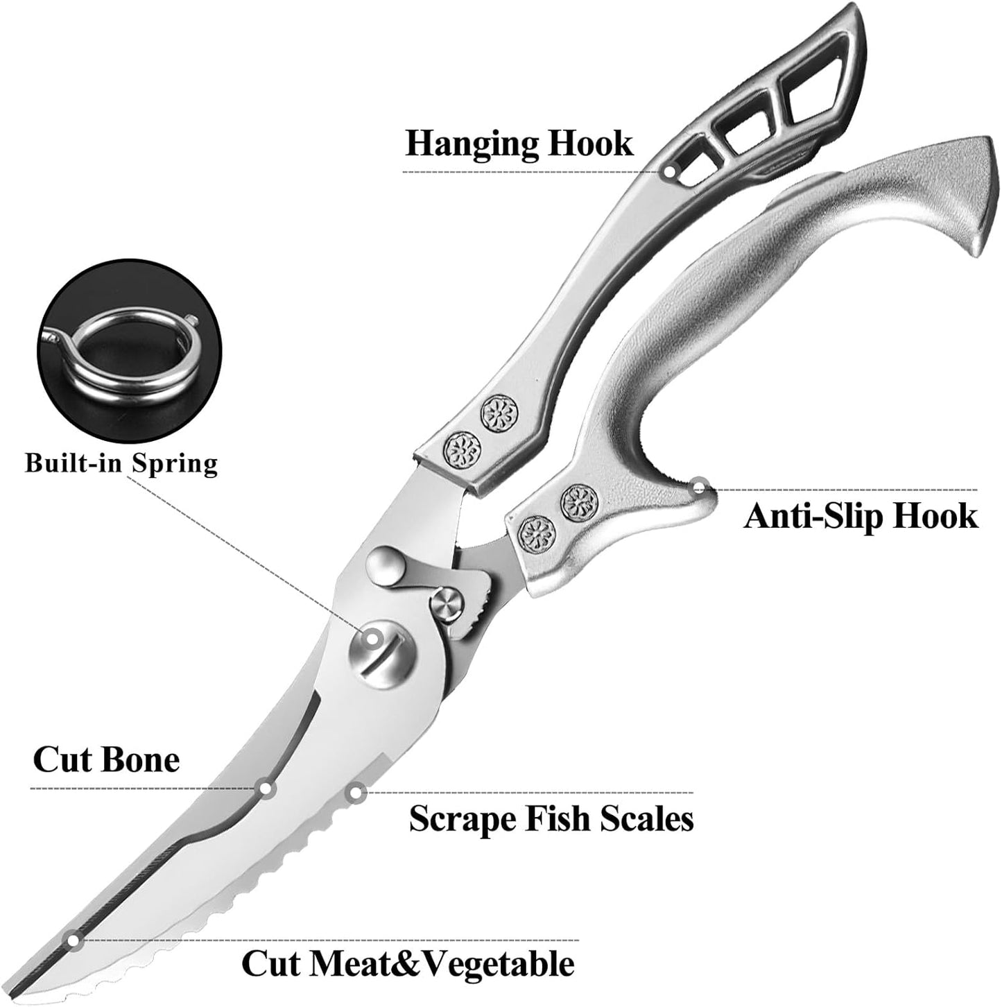 Poultry Shears Heavy Duty Professional, Multipurpose Kitchen Shears with Sheath, Spring-Loaded Stainless Steel Chef Scissors Cutting Bone, Chicken, Fish, Food, Meat, Full Steel Handle Silver