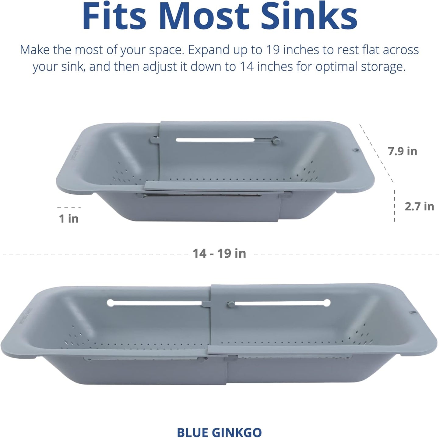 BLUE GINKGO Sink Colander Baskets - (Pack of 2) Wash Vegetables and Fruits, Drain Cooked Pasta and Dry Dishes - Extendable - New Home Kitchen Essentials (2 Grey)